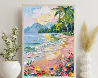 Tropical Palm Tree and Beach Art Print, Werner Bronkhorst Style, Coastal Wall Decor, A4