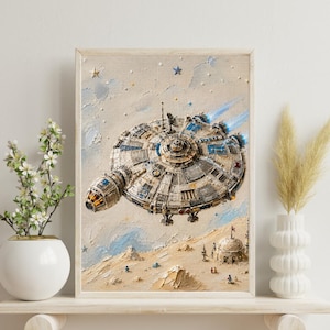 Puede incluir: Una pintura al óleo texturizada en un marco de madera clara que representa una nave espacial metálica circular volando sobre una superficie planetaria arenosa. La nave presenta escapes de motor azules y detalles mecánicos complejos.