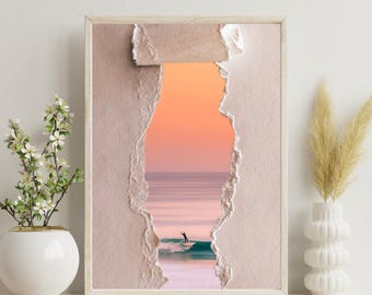 Surfer Sunset Print A4 | Pink Ocean Torn Paper Effect Wall Art | Coastal Illustration Poster | Surf Decor | Beach Gift for Her
