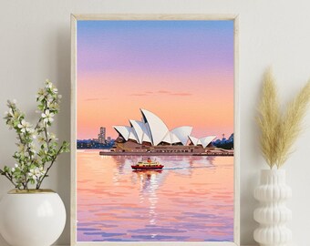 Sydney Opera House Sunset Print A4 | Australia Wall Art | Harbour Watercolour Poster | Peach Sky Travel Decor | Holiday Home Gift