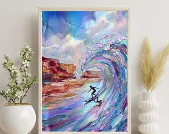 Lámina de surfista con ola tubular tamaño A4 / Arte mural oceánico en acuarela a color / Póster de surf / Ilustración de ola iridiscente / Regalo costero