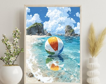 Beach Ball Print A4 | Turquoise Ocean Summer Wall Art | Coastal Illustration Poster | Fun Beach Decor | Holiday Home Gift