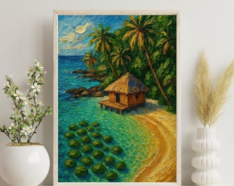 Lámina de cabaña tropical en la playa tamaño A4 / Arte mural de palmeras y océano turquesa / Póster de cabaña sobre pilotes / Estilo pintura al óleo / Regalo para el hogar en vacaciones