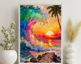 Lámina A4 con diseño de puesta de sol en el océano tropical / Arte mural con palmeras y olas llamativas / Póster costero colorido / Estilo pintura al óleo / Regalo para la casa de playa
