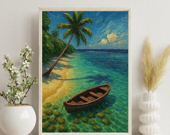 Lámina A4 con diseño de barco en playa tropical / Arte mural de palmera inclinada en el océano turquesa / Póster de bote de remos / Estilo pintura al óleo / Regalo para el hogar en vacaciones