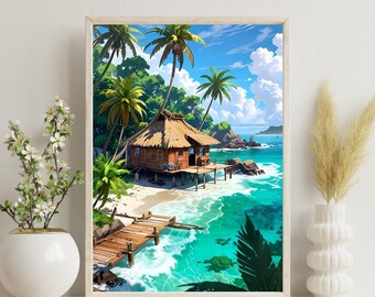 Tropical Island Hut Print A4 | Beach Wall Art | Turquoise Ocean Poster | Paradise Travel Decor | Holiday Home Gift