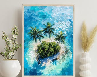 Lámina aérea de isla tropical tamaño A4 / Arte mural de palmeras en el océano turquesa / Póster de isla paradisíaca / Decoración costera / Regalo para el hogar en vacaciones