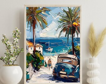 Mediterranean Village Print A4 | Coastal Street Scene Wall Art | Palm Tree Ocean Poster | Oil Painting Style | Travel Home Gift
