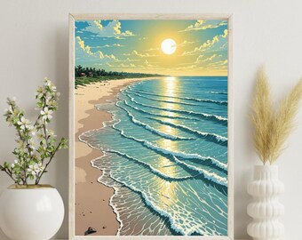 Tropical Beach Sunset Print A4 | Teal Ocean Wave Wall Art | Coastal Illustration Poster | Holiday Decor | Beach House Gift