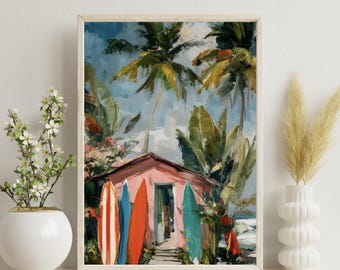Surf Shack Print A4 | Tropical Beach Hut Surfboard Wall Art | Palm Tree Coastal Poster | Oil Painting Style | Surf Gift