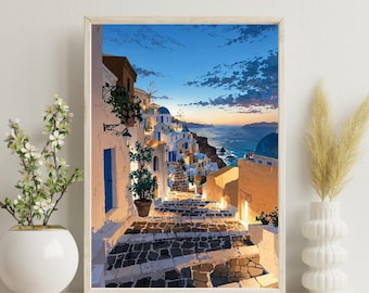 Santorini Steps Print A4 | Greece Wall Art | Oia Village Poster | Blue Dome Travel Decor | Mediterranean Holiday Home Gift