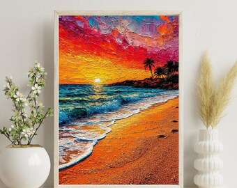 Lámina A4 con diseño de atardecer en playa tropical / Arte mural oceánico vibrante y colorido / Póster costero con palmeras / Estilo pintura al óleo / Regalo ideal para el hogar en vacaciones