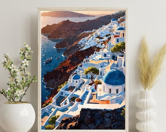 Santorini Cliffside Print A4 | Greece Wall Art | Oia Aerial View Poster | Blue Dome Travel Decor | Mediterranean Holiday Home Gift