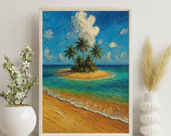 Lámina para isla desierta tamaño A4 / Arte mural de palmeras tropicales y océano / Póster de playa turquesa / Estilo pintura al óleo / Regalo para el hogar en vacaciones