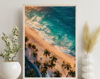Aerial Beach Print A4 | Tropical Ocean Wall Art | Palm Tree Sunset Poster | Turquoise Sea Decor | Holiday Home Gift