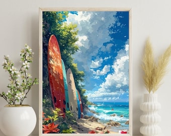 Lámina de tablas de surf tropicales tamaño A4 / Arte mural de acantilados playeros coloridos / Póster costero con vista al océano / Regalo para amantes del surf