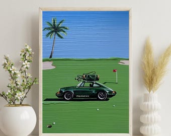 Porsche 911 on Golf Course Art Print, Werner Bronkhorst Style, Modern Wall Decor A4
