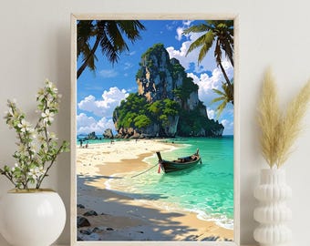 Thailand Beach Print A4 | Krabi Wall Art | Longtail Boat Poster | Turquoise Ocean Travel Decor | Holiday Home Gift