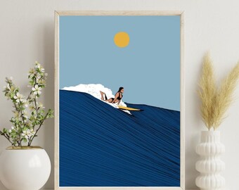 Female Surfer Print A4 | Blue Wave Minimalist Wall Art | Surf Poster | Ocean Illustration | Coastal Decor | Surfing Gift for Her