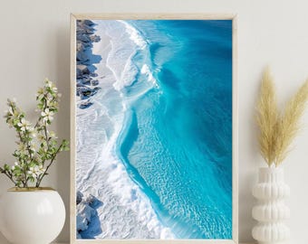 Aerial Ocean Print A4 | Turquoise Wave Beach Wall Art | Coastal Photography Poster | Blue Sea Decor | Bathroom Bedroom Gift