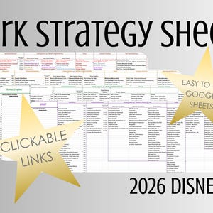 May include: Digital park strategy sheets for 2026 Disney World, with the text "Park Strategy Sheets". The sheets are designed for Google Sheets and feature clickable links. Gold starbursts highlight key features. "Instant Digital Download" is also displayed.