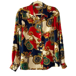 Vintage Alfred Dunner Frauen Größe 14 Bluse Barock Reiter Schal Print Mehrfarbig Langarm