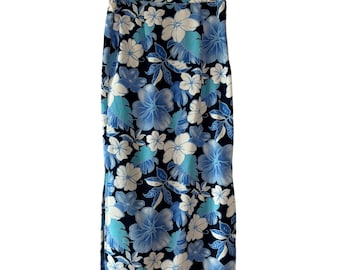 Vintage Briggs Floral Maxi Skirt Blue Tropical Hibiscus Side Slit Size Small