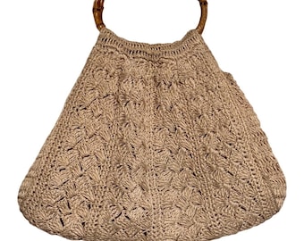 Vintage Crochet Straw-Look Handbag w/ Bamboo Handle