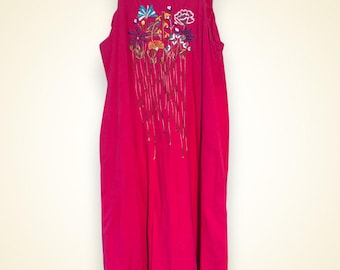 Vintage Mexican Embroidered Cotton Sundress Pink Floral Size Large Pockets