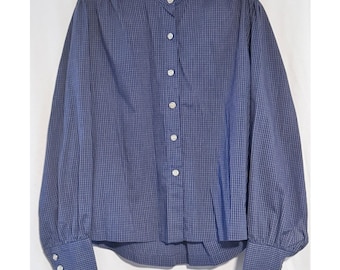 Vintage 1980s Historical Costume Blouse Blue Grid Cotton Academia Victorian L