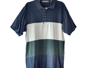 Vintage 90s Express Men Medium Color Block Polo Shirt Blue Green White Cotton