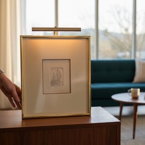 May include: A framed artwork with a gold-colored frame and a small sailboat illustration. A brass-colored picture light is mounted above the frame. The artwork is displayed on a dark wood cabinet in a well-lit room.