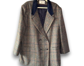 International Scene Damen Wollkarierte Jacke Größe 22 Zweireihig Samt Kragen 80er Jahre Academia Wear