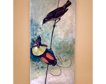Oryginalny obraz olejny „Ptak rajski” podpisany „Liz Swaney” 25,5” x 13”