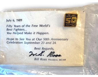 Vintage 1989 McDonnell Aircraft 50th Anniversary Pin Signed Bill Ross MCAIR New Old Stock