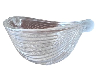 Vintage Ribbed Clear Pressed Glass Bowl Frosted Shell Handles Art Deco Style 1930s–50s