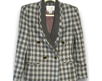 Vintage Petite Sophisticate Gingham Wollmischung Zweireiher Blazer Jacke Größe 3