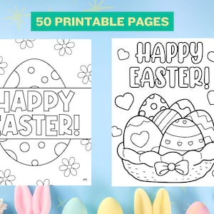 以下が含まれることがあります： 「HAPPY EASTER！」の文字と「50 PRINTABLE PAGES」が上部に書かれた、白黒のイースターぬりえページが2枚。1枚は卵のデザイン、もう1枚は装飾された卵のバスケットが描かれています。