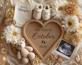 Boho graviditetsmeddelande fotorekvisita, mall för bebisavslöjande i oktober (digital nedladdning)