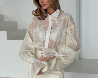 Women Shirt with Embroidery, Sheer White Blouse for Women, Lightweight Feminine Top, Oversized Elegant Summer Shirt