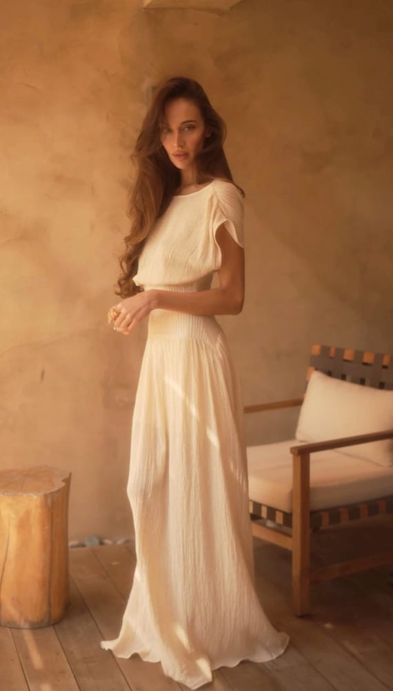 Maxi Dress Eco Crinkle Fabric, Handmade Cotton Viscose Dress, Textured Summer Dress, Flowy Waist Dress, Custom Size