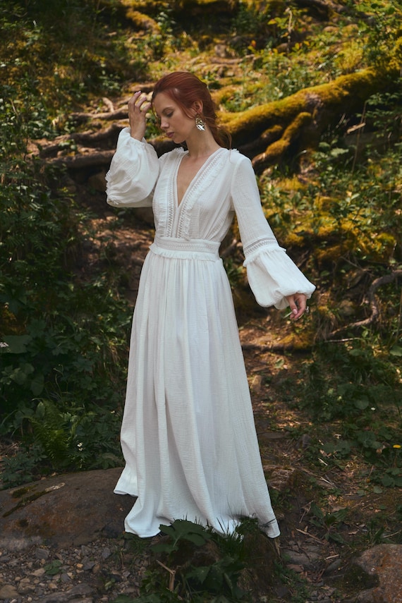 Muslin Maxi Dress, Boho Cottagecore Dress, Romantic Lace Dress, Natural Cotton Summer Dress, Cottagecore Wedding Dress, Rustic Boho Dress