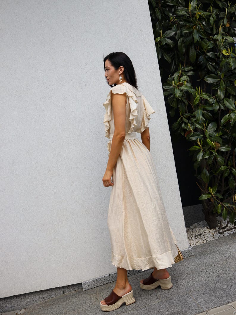 Beige Tencel Dress, Flutter Sleeve Maxi Dress, Quiet Luxury Dress, Resort Wear Dress, Neutral Summer Dress image 4
