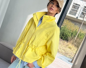 Women’s Cotton Denim Bomber Jacket with Adjustable Waist – Modern Tailored Jacket, Minimalist European Style Coat