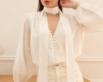 Romantic Cotton Blouse with Handmade Buttons and Belt, Semi-Sheer White Feminine Top, Elegant Wedding Brunch Outfit, Summer Lace Blouse