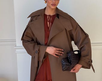 Long Cotton Trench Coat Women | Oversized Belted Classic Coat | Beige Cream Chocolate Minimalist Spring Fall Outerwear