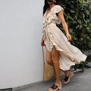 Beige Tencel Dress, Flutter Sleeve Maxi Dress, Quiet Luxury Dress, Resort Wear Dress, Neutral Summer Dress image 9