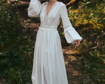 Boho Cottagecore Maxi Dress, Soft Muslin Summer Dress with Lace, Romantic Rustic Style Dress