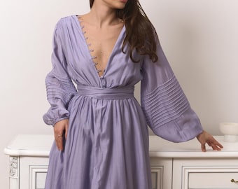 Women Cotton Open Back Dress with Belt, Romantic Airy Summer Dress, Lightweight Feminine Dress with Buttons - Air Dress For Girls - Dress