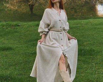 Hemp Muslin Maxi Dress, Oversized Cotton Dress, Button Front Boho Dress, Natural Linen Style Dress, Relaxed Summer Dress